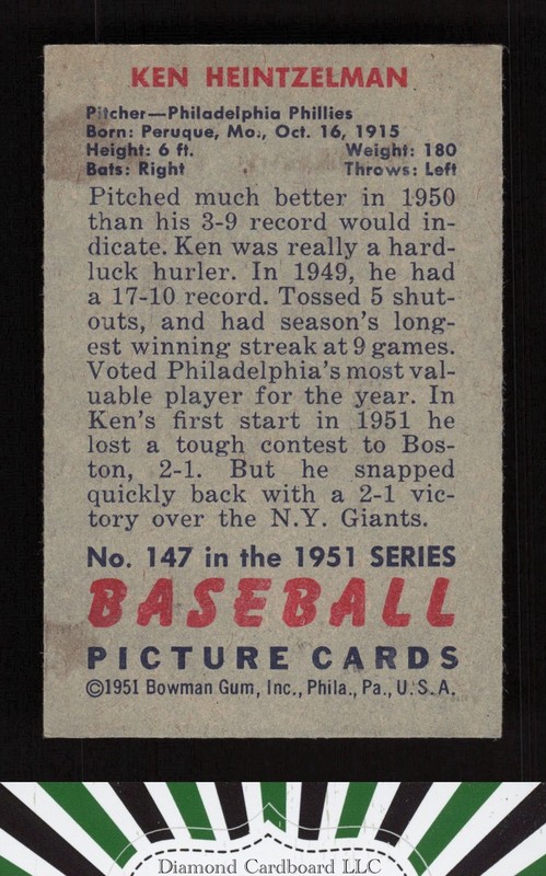 1951 Bowman #147 Ken Heintzelman VG, back