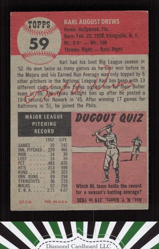 1953 Topps #59 Karl Drews VGEX e, back