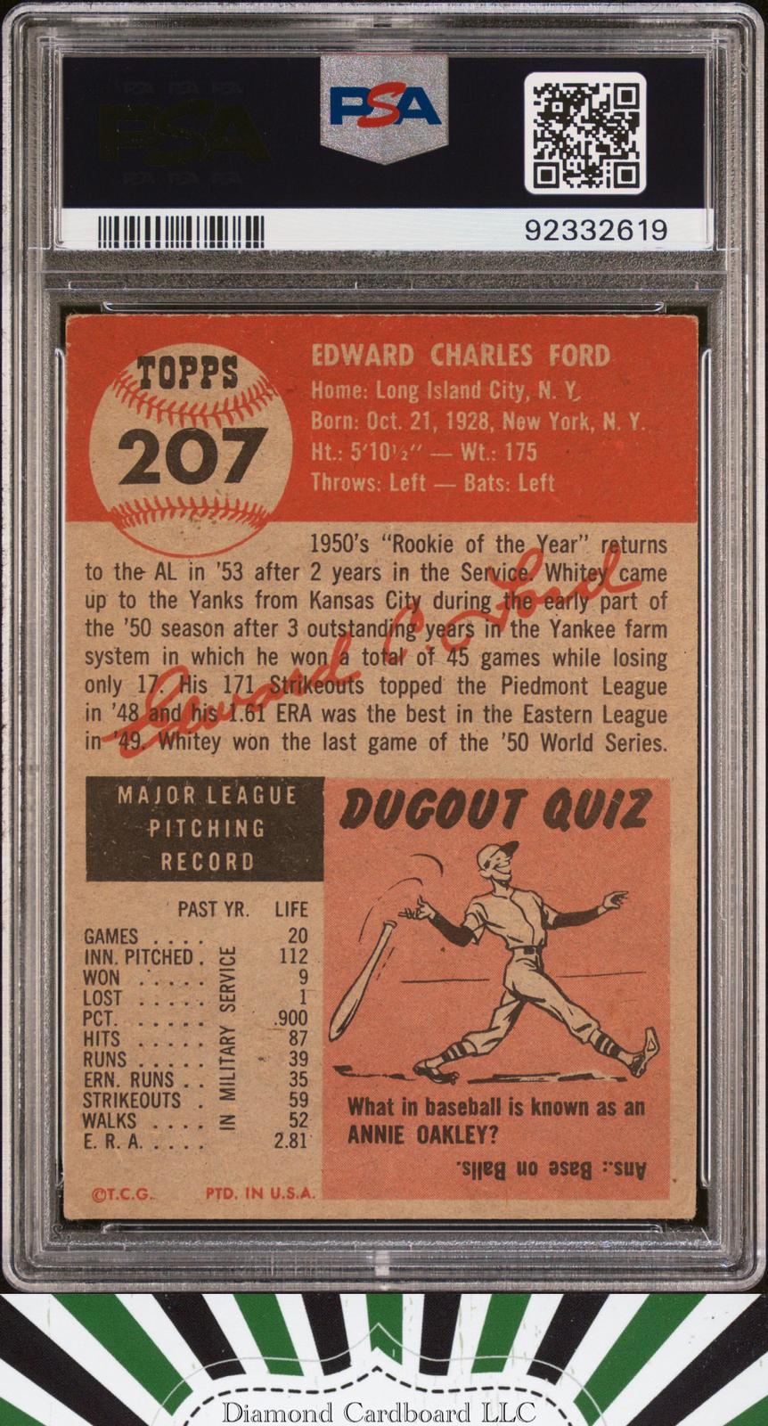 1953 Topps #207 Whitey Ford PSA 4.5 [CENTERED], back