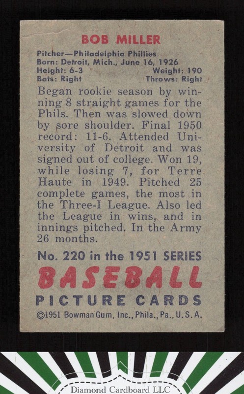 1951 Bowman #220 Bob Miller VGEX, back