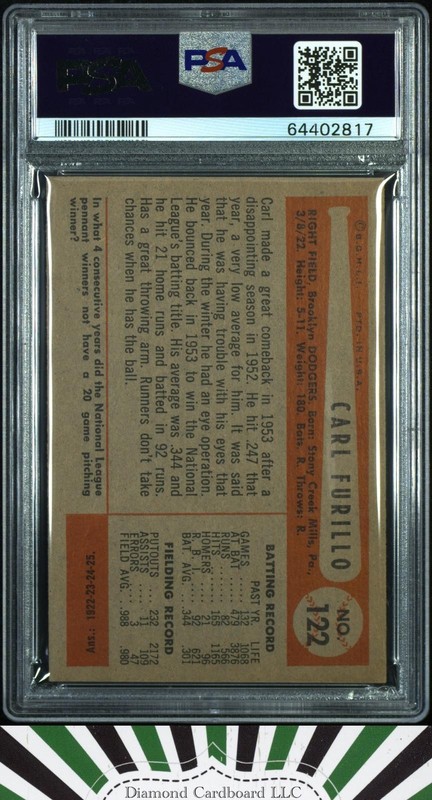 1954 Bowman #122 Carl Furillo PSA 6 [STUNNING CARD], back