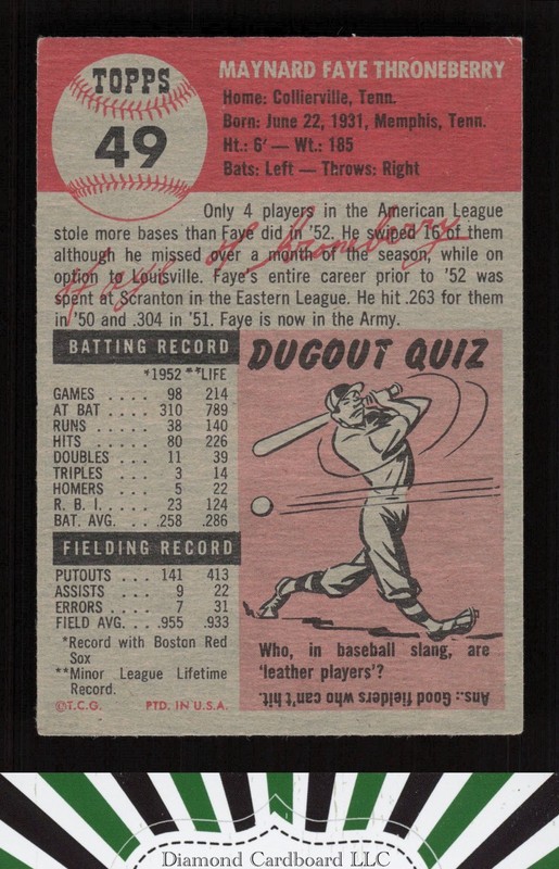 1953 Topps #49 Faye Throneberry VGEX+ [GREAT EYE APPEAL] g, back