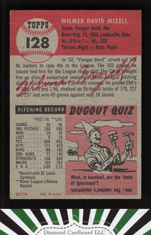 1953 Topps #128 Wilmer Mizell : Bio uses black text VGEX h, back