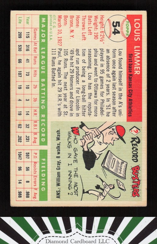 1955 Topps #54 Lou Limmer VGEX n, back
